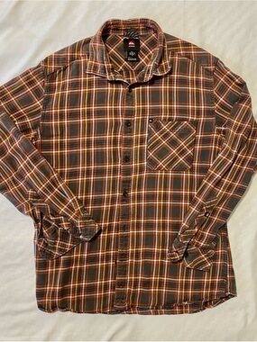 Quiksilver Men's Brown, Orange & White Plaid Button-Down Shirt
